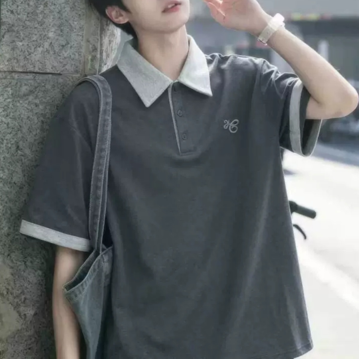 カップルペアルック クラシックグレー バイカラーポロトップス